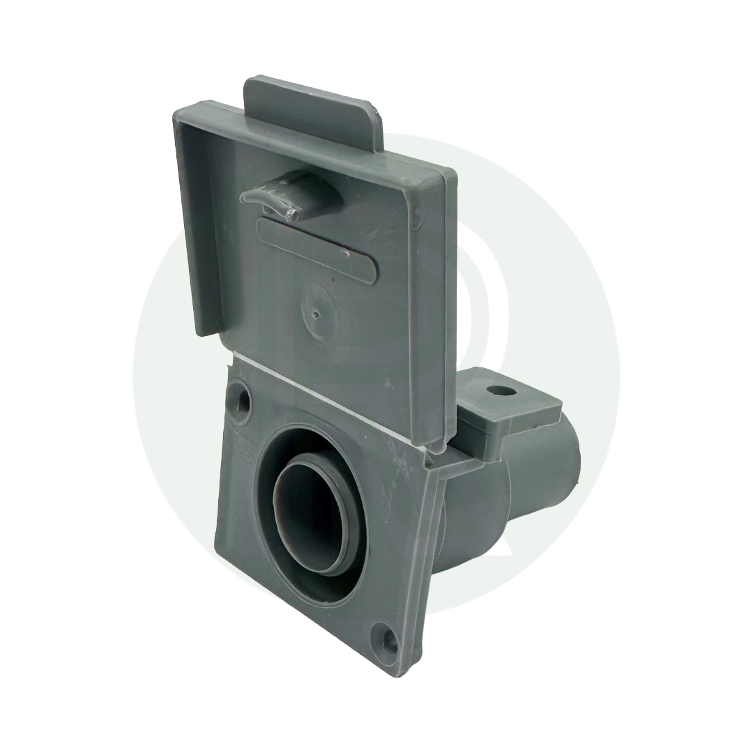 Grey 20mm waste water outlet hose socket with hinged flap for external waste tank connections