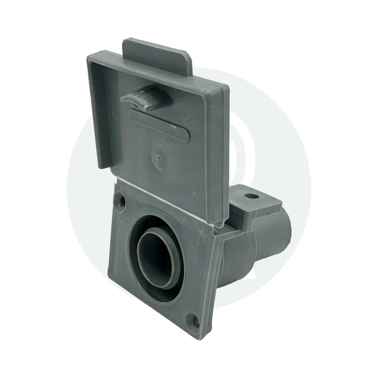 Grey 20mm waste water outlet hose socket with hinged flap for external waste tank connections
