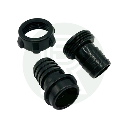 28.5mm waste hose connector parts showing threaded fitting and push-fit ends for motorhome use