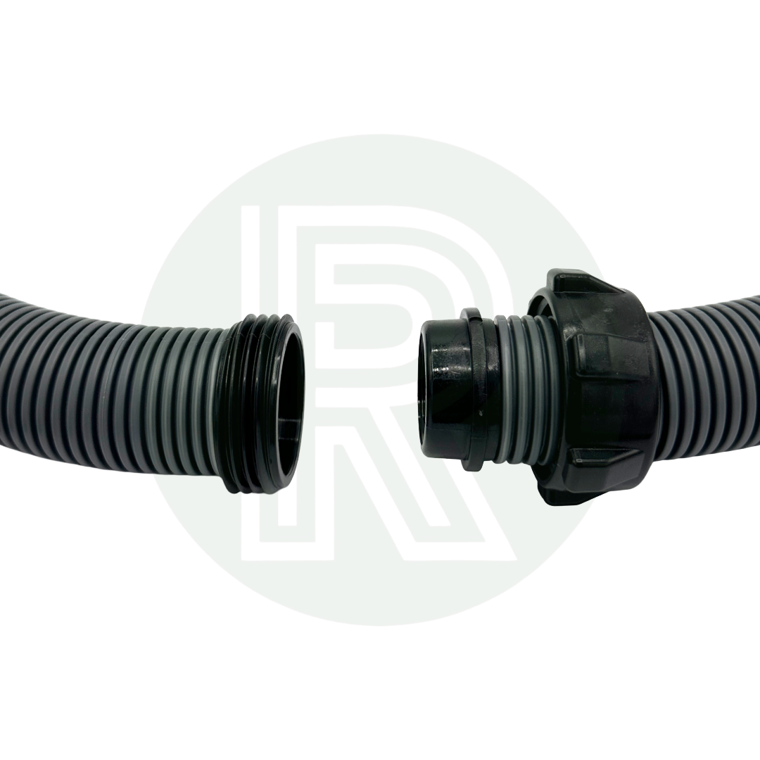 Caravan grey waste hose connected with 28.5mm threaded hose connector extension fitting