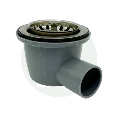 Grey 90 degree sink waste outlet with removable strainer basket and 28mm waste connection