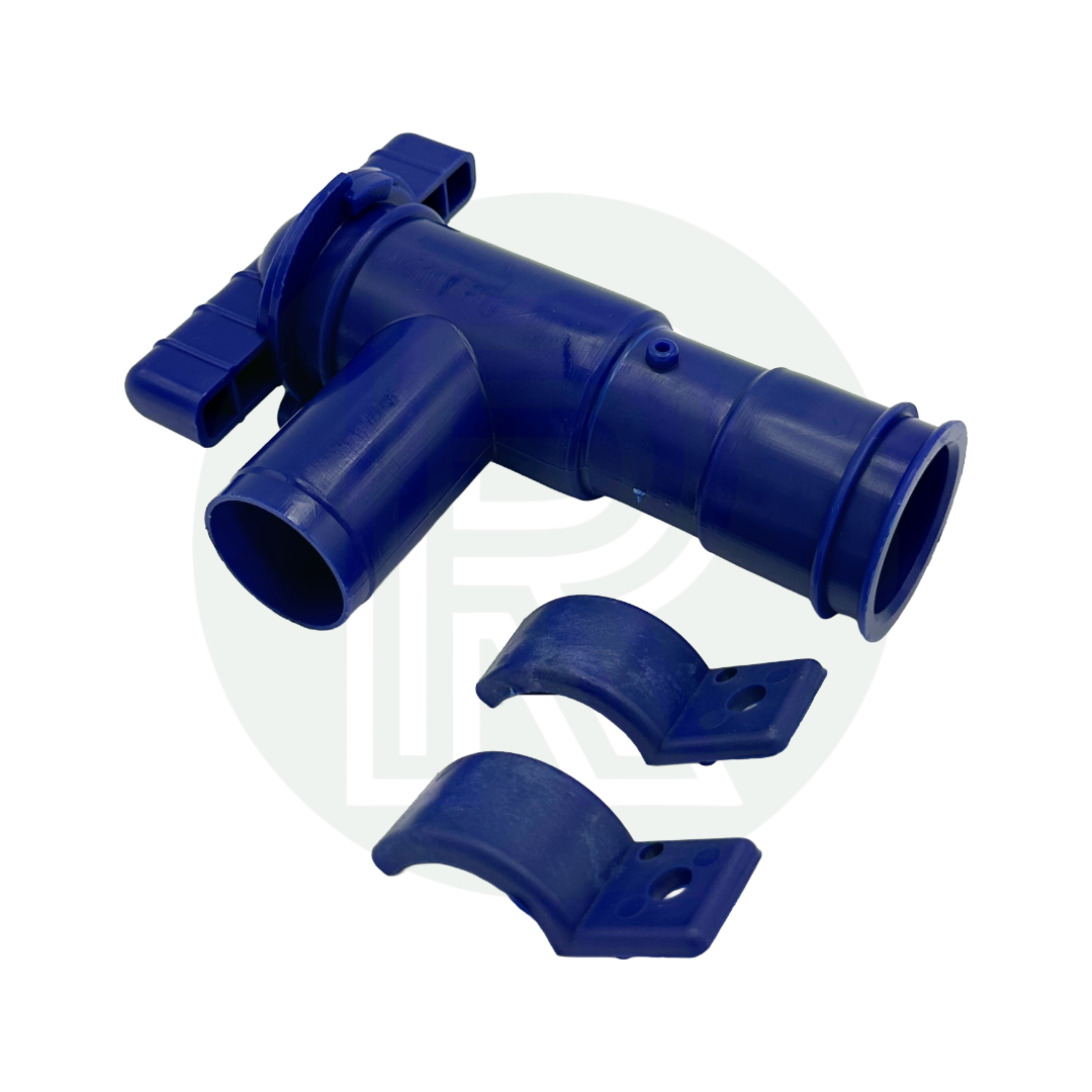 28mm blue drain valve supplied with fixing clips for rigid fresh water pipe installations in caravans and motorhomes