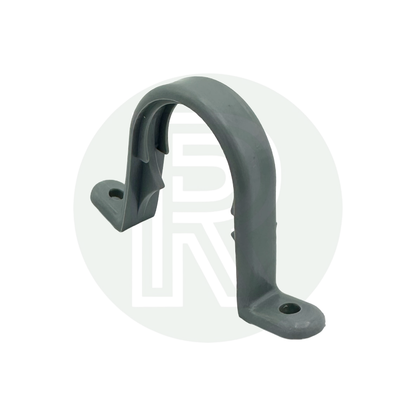 Grey 28mm saddle pipe clip for securing rigid waste pipe to walls floors and furniture panels