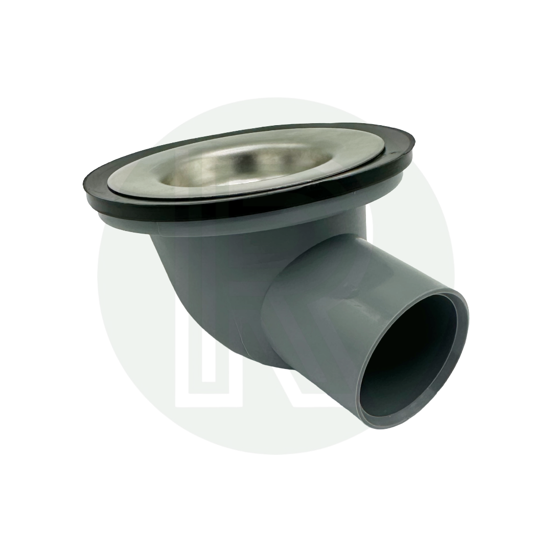 Grey angled sink waste fitting with 28mm push fit connection for caravan and motorhome waste water systems