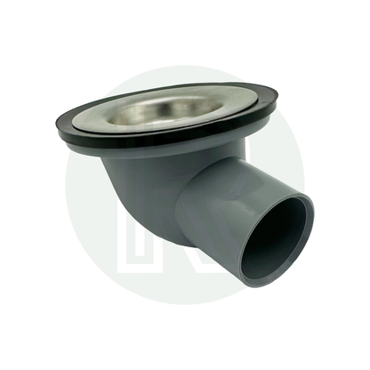 Grey angled sink waste fitting with 28mm push fit connection for caravan and motorhome waste water systems