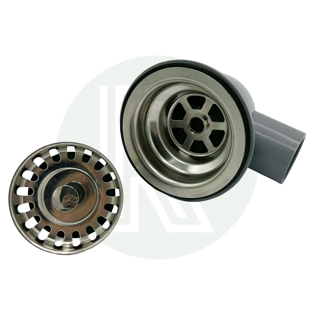 Sink waste assembly with removable strainer insert and 28mm waste outlet for caravan and motorhome plumbing systems