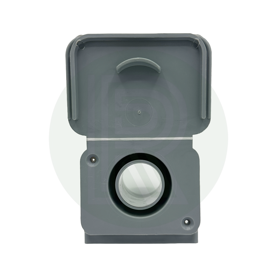Grey 28mm waste water outlet with protective hinged flap for external waste pipe installations