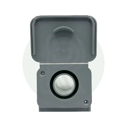 Grey 28mm waste water outlet with protective hinged flap for external waste pipe installations