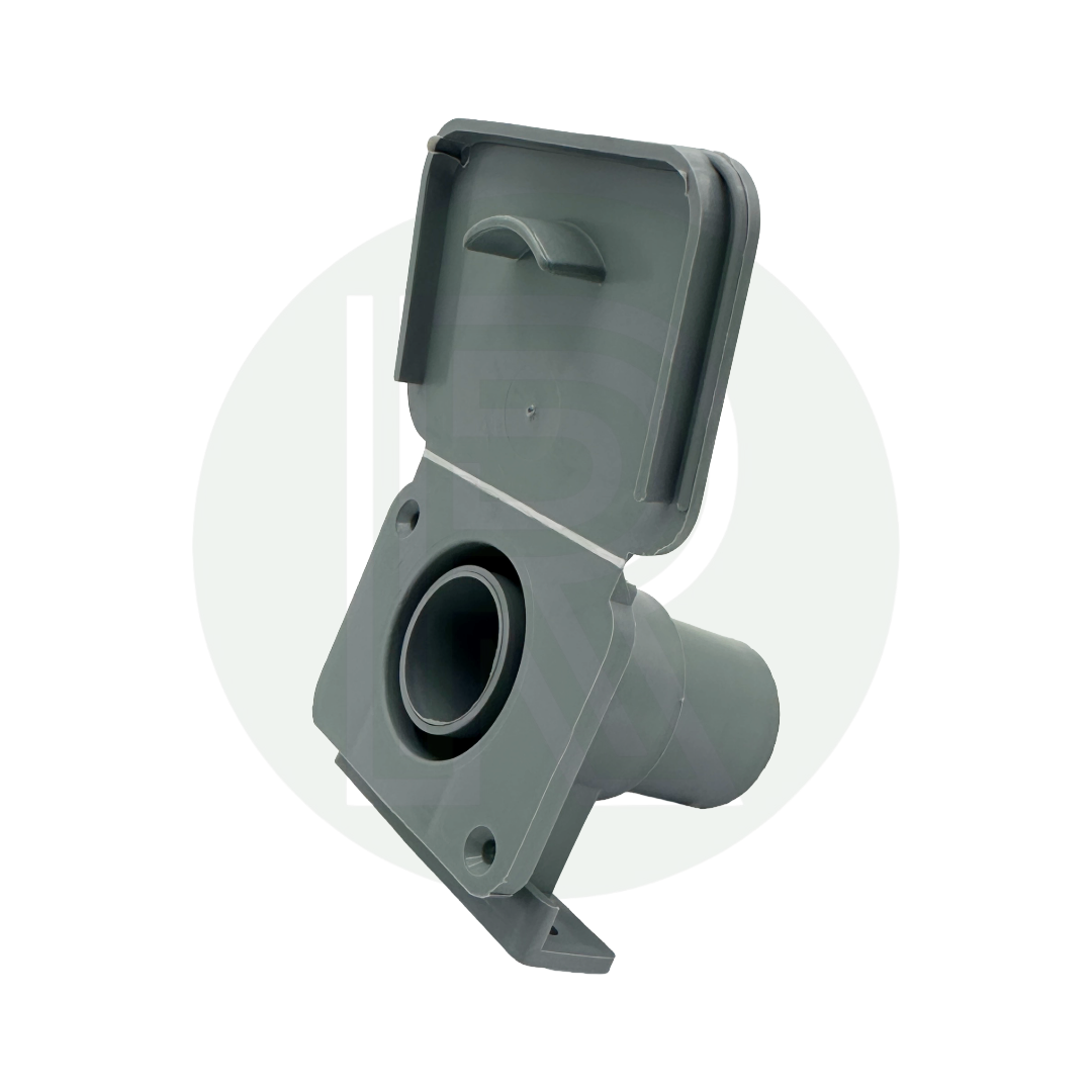 Grey 28mm waste water outlet hose socket with flap open showing waste pipe connection