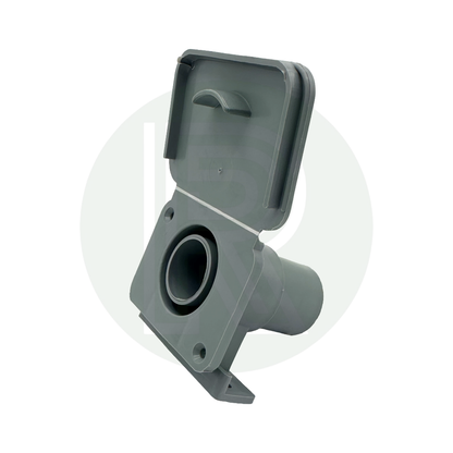 Grey 28mm waste water outlet hose socket with flap open showing waste pipe connection
