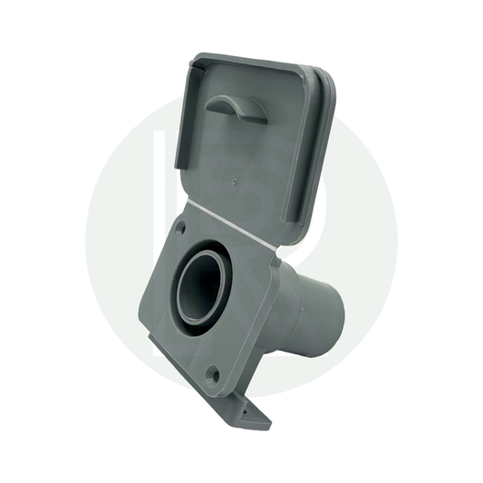 Grey 28mm waste water outlet hose socket with flap open showing waste pipe connection