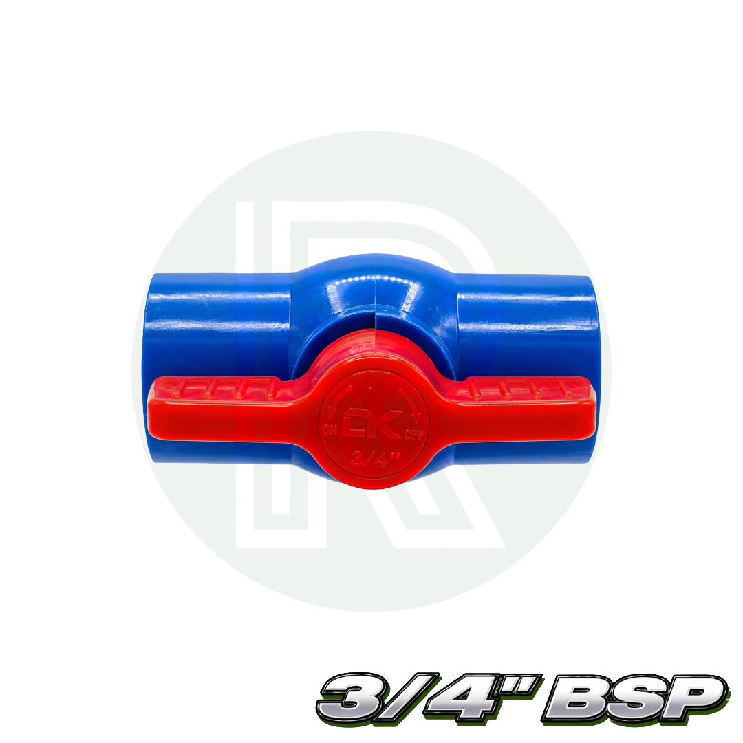 Blue 3/4 inch BSP 25mm threaded PVC isolation ball valve with red lever handle side view