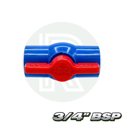 Blue 3/4 inch BSP 25mm threaded PVC isolation ball valve with red lever handle side view