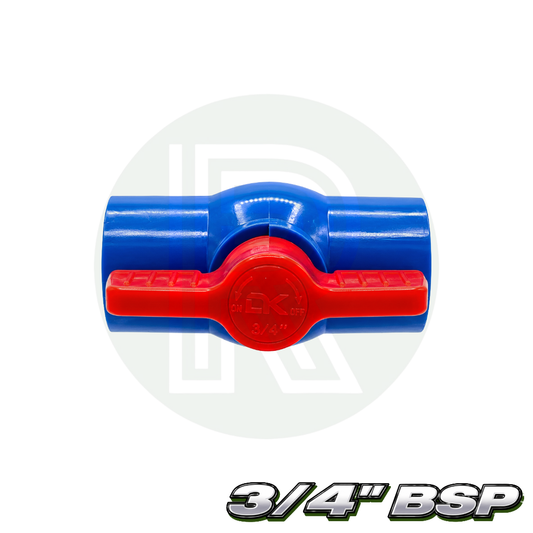 Blue 3/4 inch BSP 25mm threaded PVC isolation ball valve with red lever handle side view