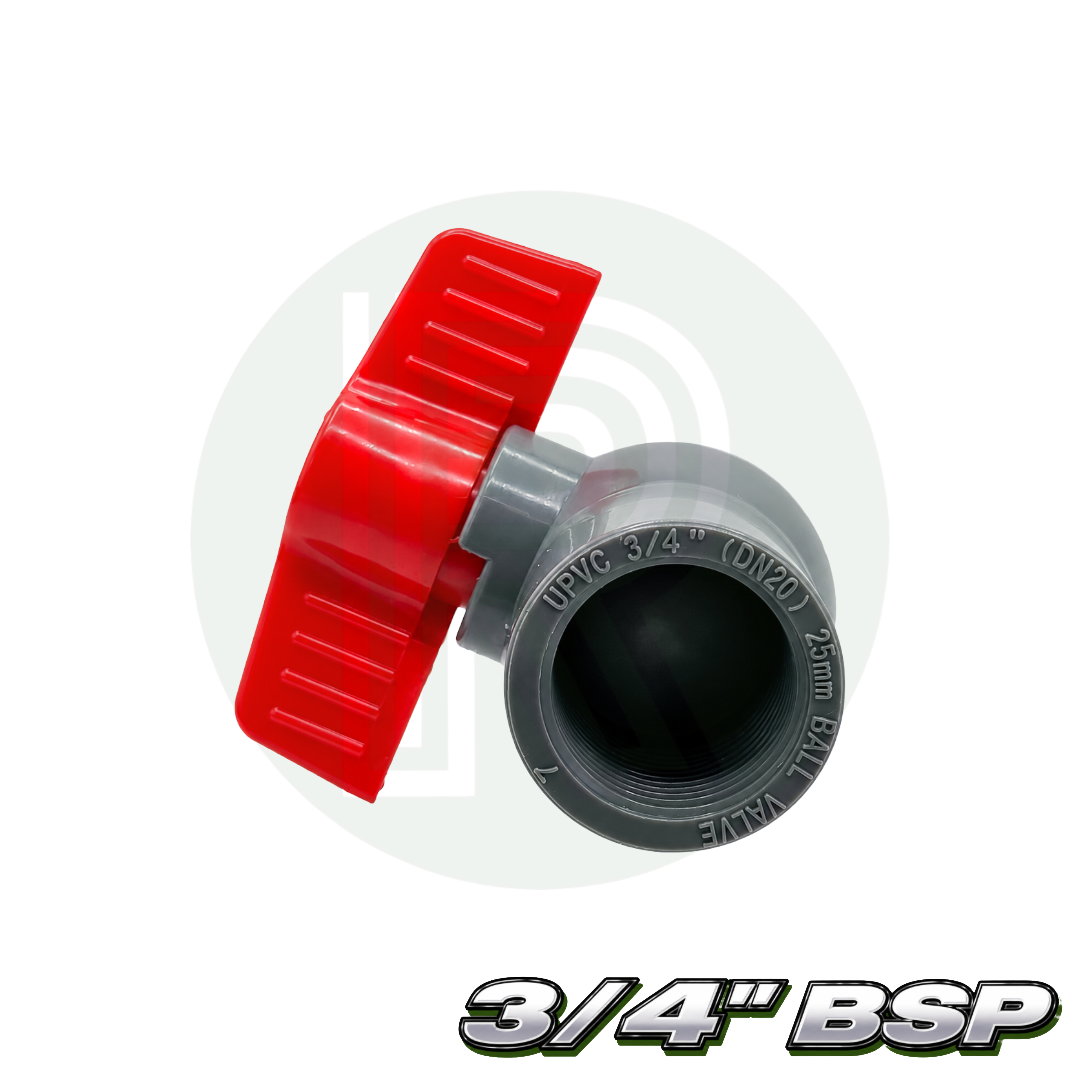 3/4 inch BSP 25mm grey threaded PVC isolation ball valve with red handle for plumbing and water systems
