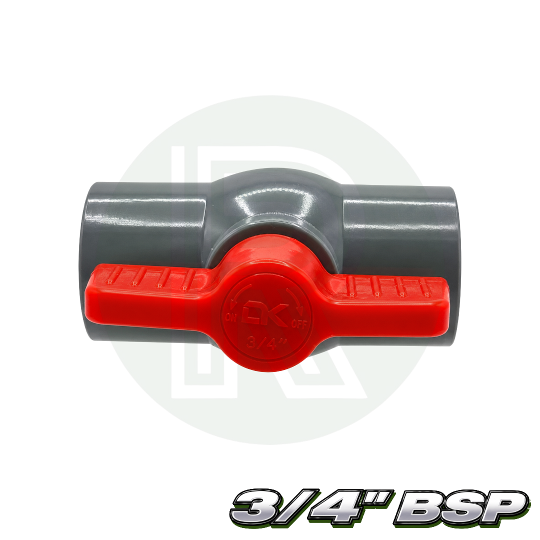 Grey 3/4 inch BSP 25mm threaded PVC isolation ball valve with red lever handle side view