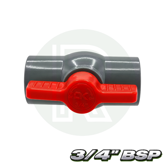 Grey 3/4 inch BSP 25mm threaded PVC isolation ball valve with red lever handle side view