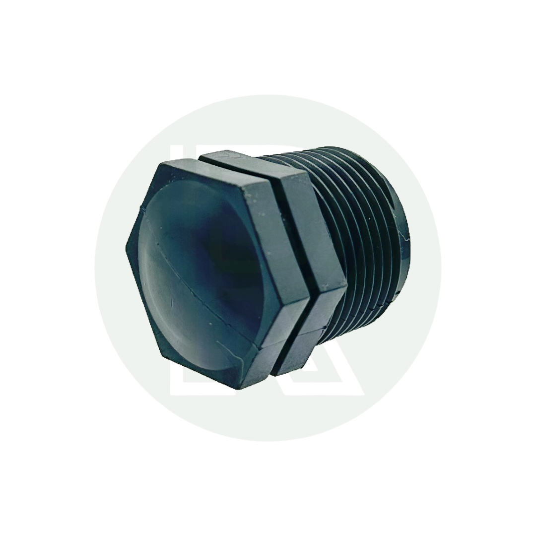 3/4-inch BSP male threaded black blanking plug made from durable polypropylene for plumbing and tank applications.