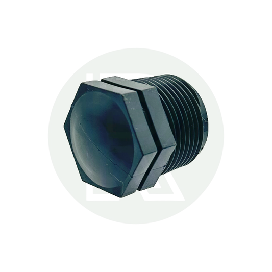 3/4-inch BSP male threaded black blanking plug made from durable polypropylene for plumbing and tank applications.
