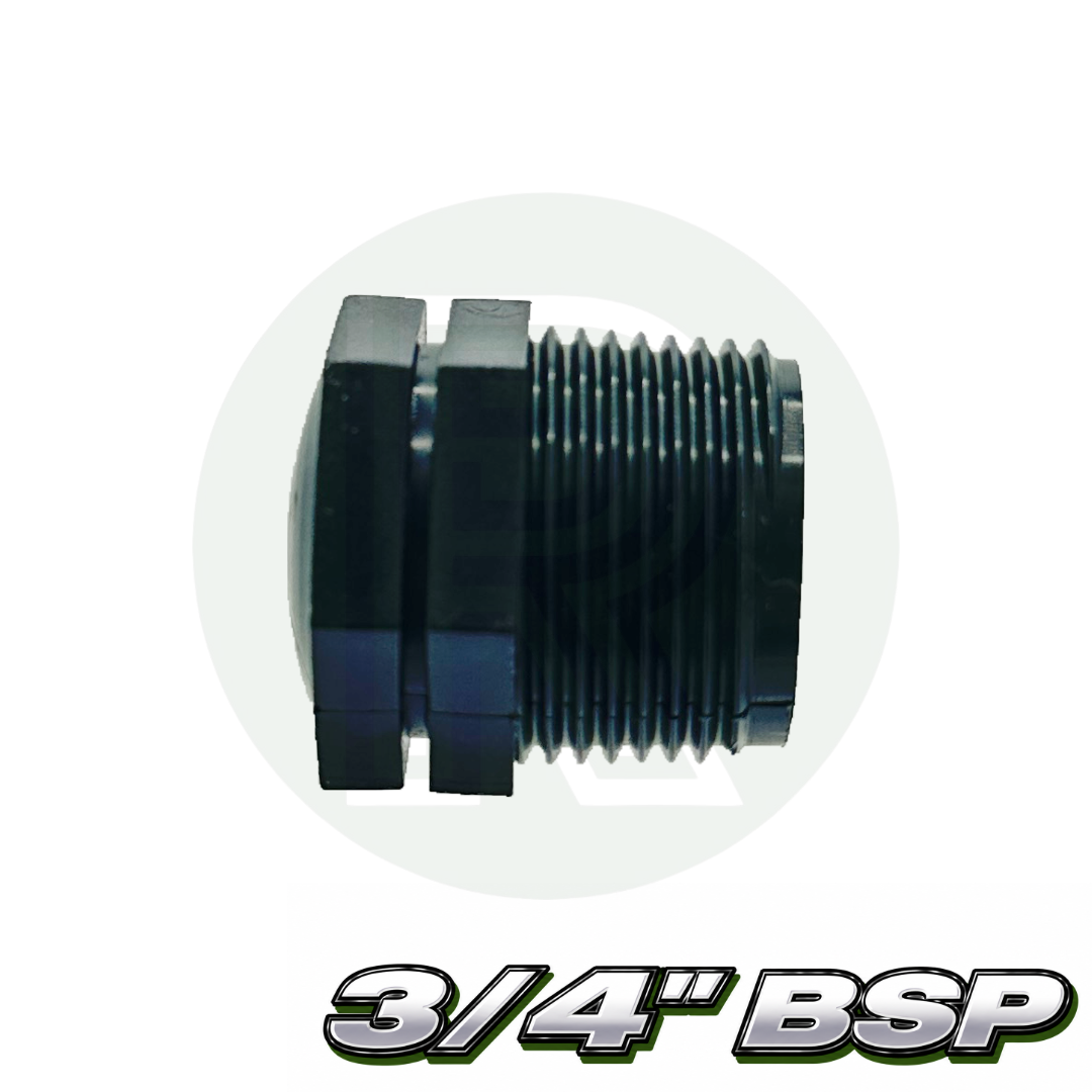Black plastic BSP blanking bung with 3/4-inch male thread designed to seal unused pipe outlets.