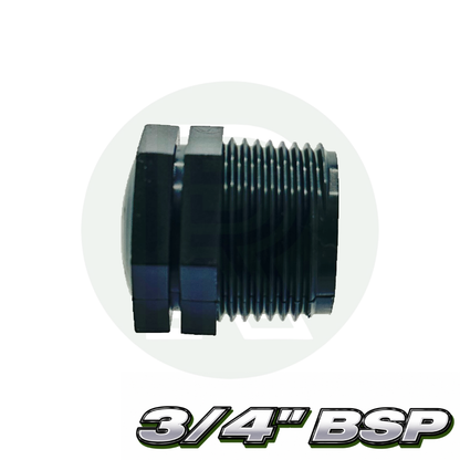 Black plastic BSP blanking bung with 3/4-inch male thread designed to seal unused pipe outlets.