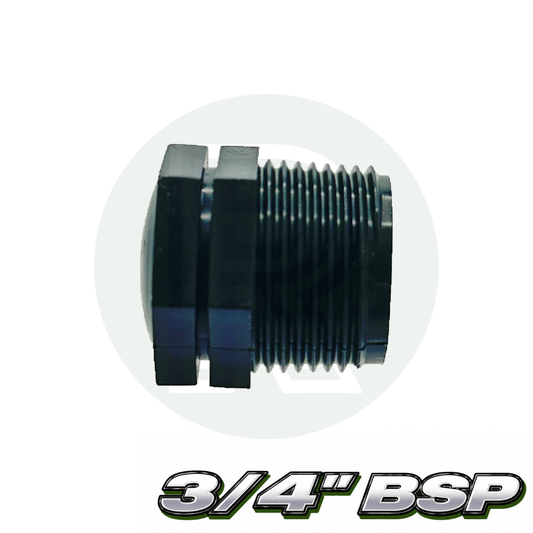 Black plastic BSP blanking bung with 3/4-inch male thread designed to seal unused pipe outlets.