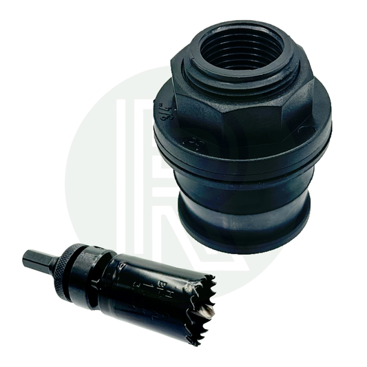 3/4 inch Kwiq tank fitting with hole saw drill bit bulkhead water tank connector installation kit