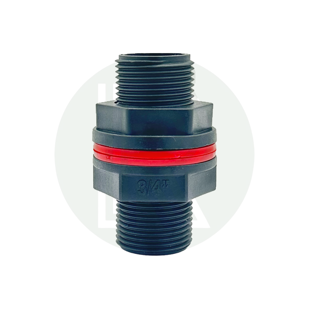 3/4-inch BSP polypropylene tank connector with threaded male fittings and integrated sealing washer for water tanks and plumbing systems.