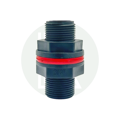 3/4-inch BSP polypropylene tank connector with threaded male fittings and integrated sealing washer for water tanks and plumbing systems.