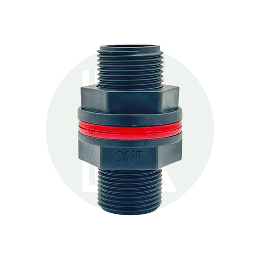 3/4-inch BSP polypropylene tank connector with threaded male fittings and integrated sealing washer for water tanks and plumbing systems.