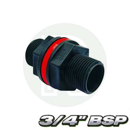 Black plastic 3/4-inch tank connector featuring dual male BSP threads and a red sealing gasket.
