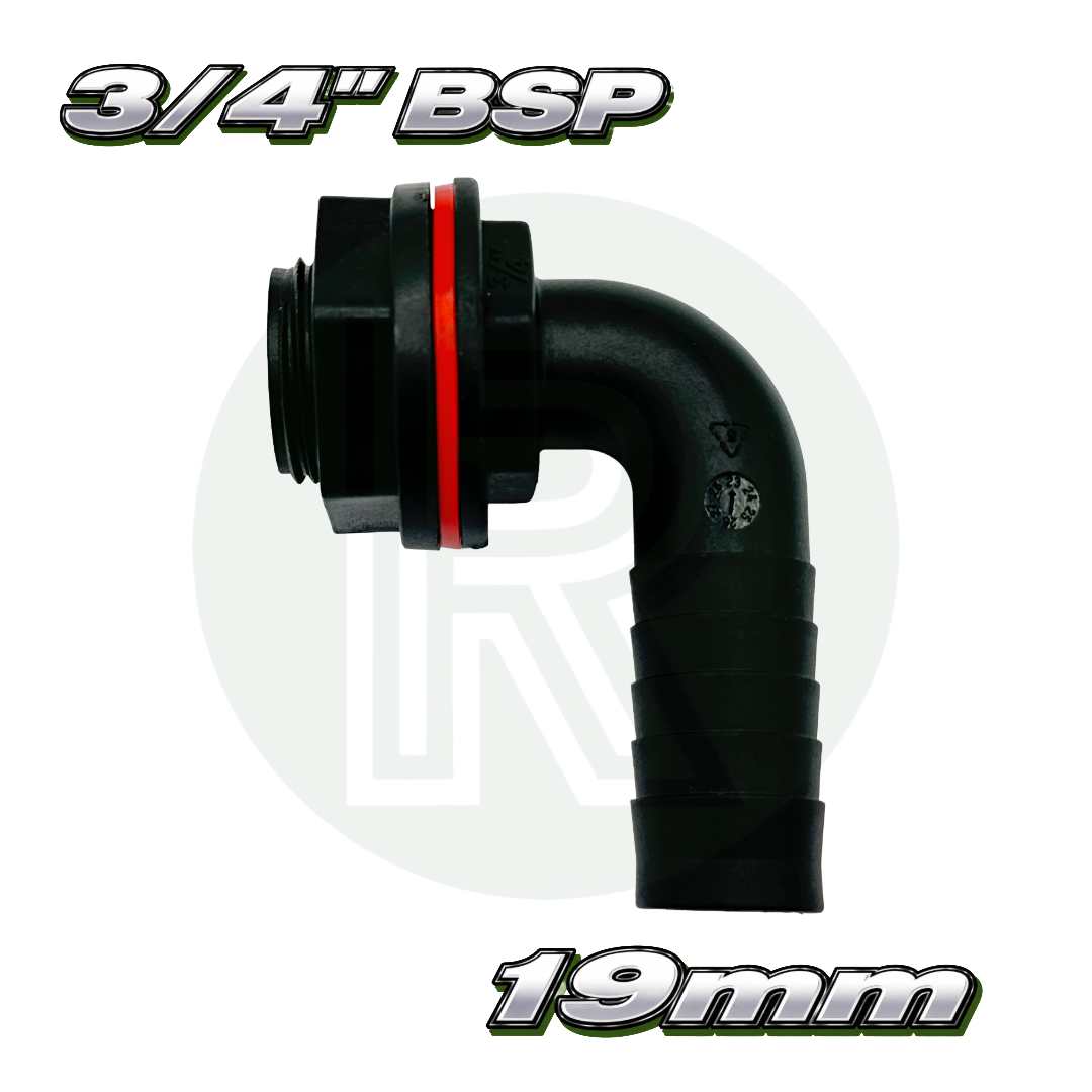 3/4 inch BSP 19mm hose tail elbow water tank connector fitting black plastic