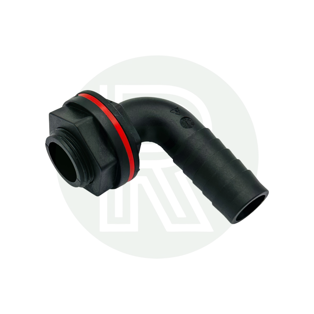 3/4 inch BSP to 19mm hose tail elbow water tank fitting with red sealing ring