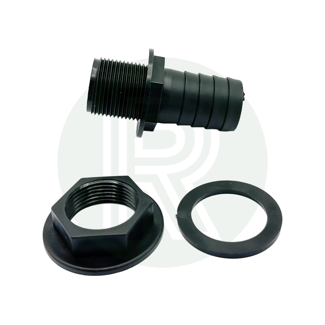 3/4 inch BSP to 25mm hose tail tank connector with nut and washer black plastic