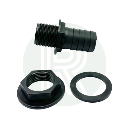 3/4 inch BSP to 25mm hose tail tank connector with nut and washer black plastic