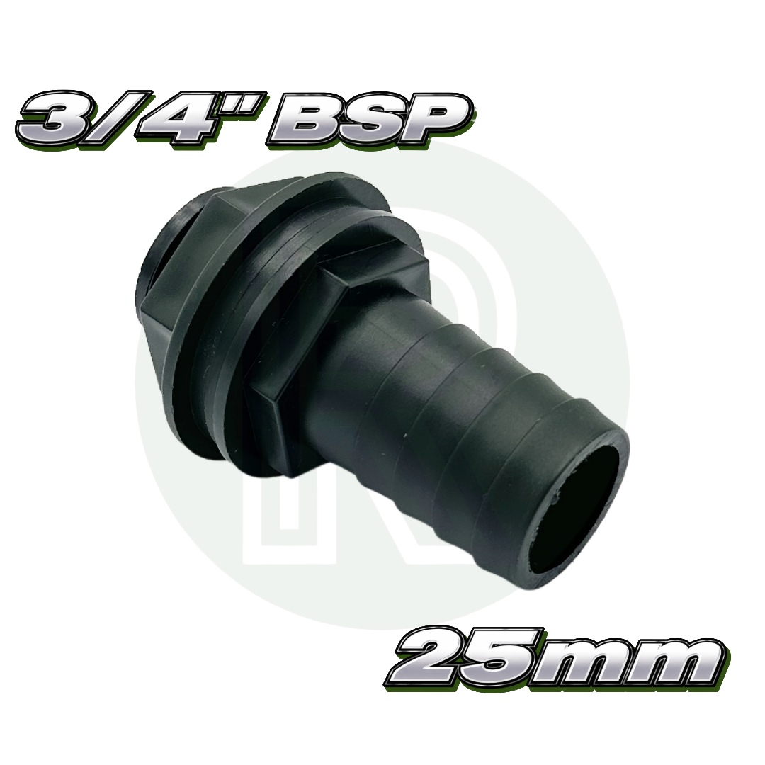 3/4 inch BSP to 25mm hose tail tank fitting straight connector