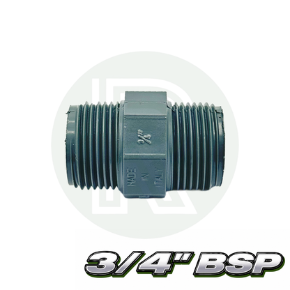 3/4” BSP male threaded nipple fitting made from gray PVC plastic for connecting threaded pipes and fittings.