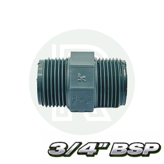 3/4” BSP male threaded nipple fitting made from gray PVC plastic for connecting threaded pipes and fittings.