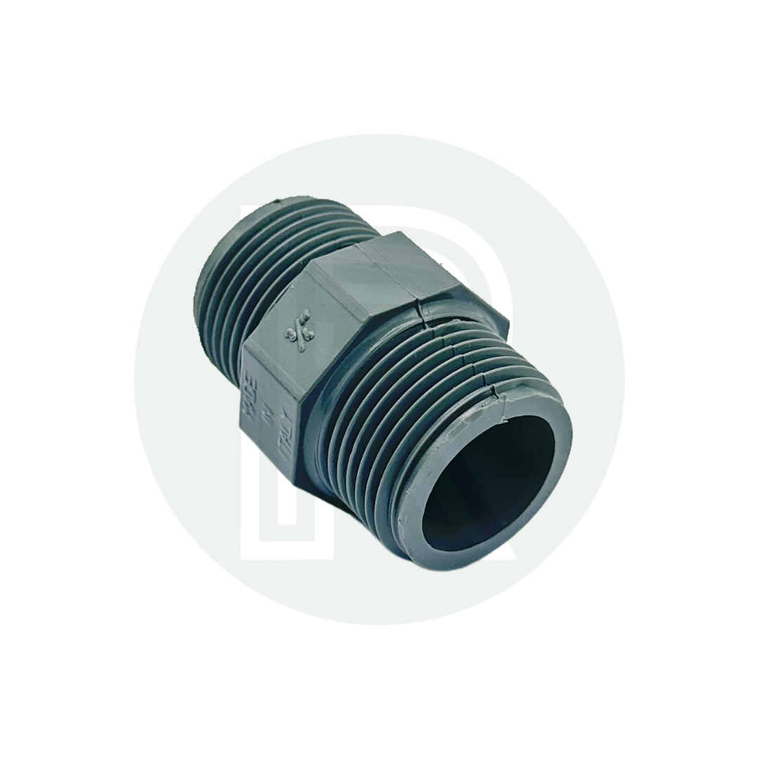 3/4-inch BSP threaded nipple pipe fitting in durable gray plastic with male-to-male threaded connections for water and irrigation applications.