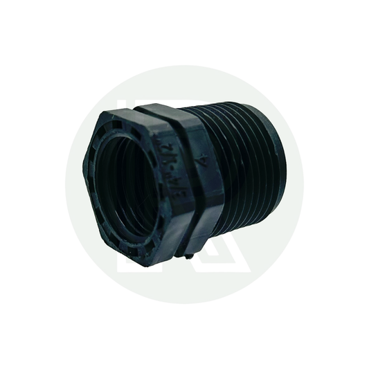 3/4" BSP male to 1/2" BSP female reducing bush adaptor for water tanks, plumbing systems, campervans, and underslung tank installations.