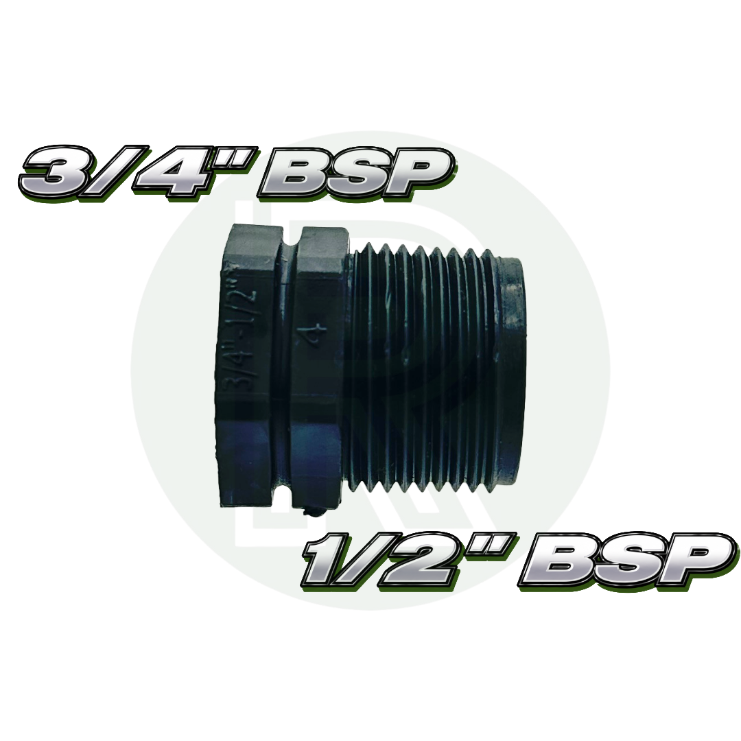 Black threaded reducing bush with larger external BSP thread and smaller internal BSP threaded opening.