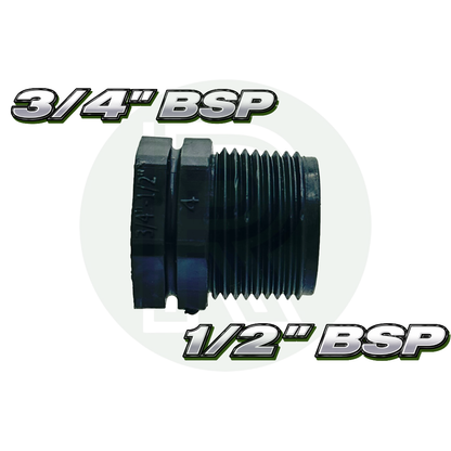 Black threaded reducing bush with larger external BSP thread and smaller internal BSP threaded opening.