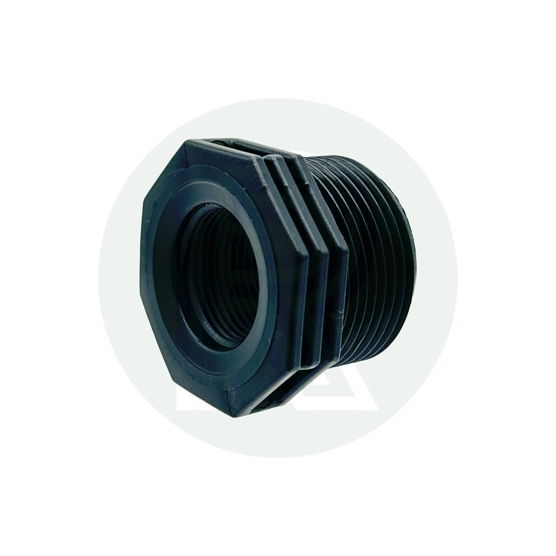 1 1/4" BSP male to 3/4" BSP female reducing bush adaptor for water tanks, plumbing, campervans, and underslung tank systems.