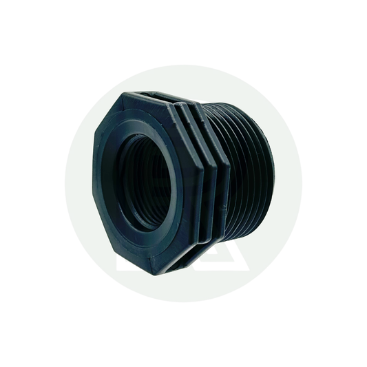 1 1/4" BSP male to 3/4" BSP female reducing bush adaptor for water tanks, plumbing, campervans, and underslung tank systems.
