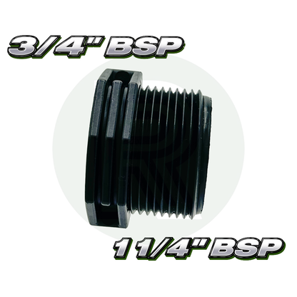 Black threaded reducing bush fitting with large male BSP thread and smaller female BSP threaded opening.