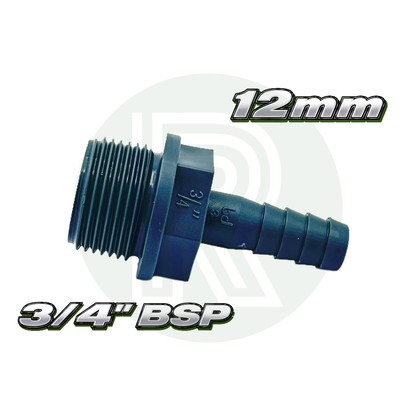 Grey threaded hose adaptor with male BSP thread on one end and stepped 12mm hose barb on the other.