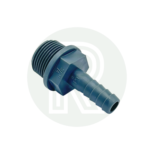 3/4" BSP male to 12mm barbed hosetail adaptor for water tanks, plumbing systems, campervans, and irrigation applications.