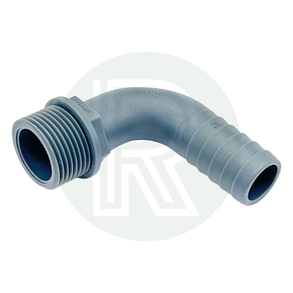 3/4" BSP Male to 3/4" (20mm) Male Grey 90 Degree Barbed Hose Tail