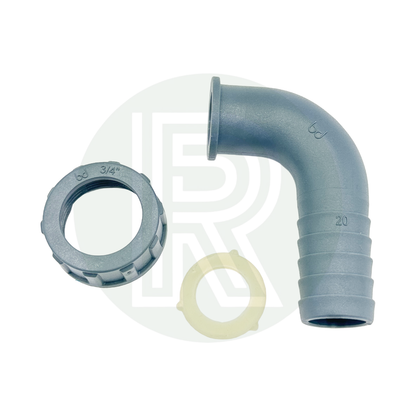 Durable 90-degree hose tail fitting designed to connect 20mm flexible hose to 3/4-inch BSP threaded systems.