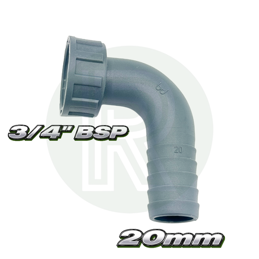 Grey right-angle hose adaptor with female BSP threaded collar and stepped 20mm hose barb connection.